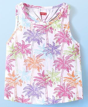 Babyhug Cotton Sleeveless Top With All Over Coconut Trees Print and Back Knot - White