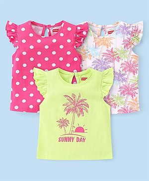 Babyhug Cotton Knit  Frill Sleeves Polka Dots & Palm Trees Printed T-Shirts Pack of 3 - Multicolour