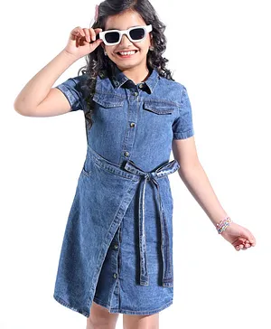 Hola Bonita Cotton Woven  Half Sleeve Denim Fabric Knee Length Solid Shirt Dress with Overlap Design-  Blue