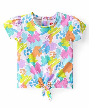 Babyhug Cotton Knit Half Sleeves Printed  Top with Knot Detailing   - Multicolour