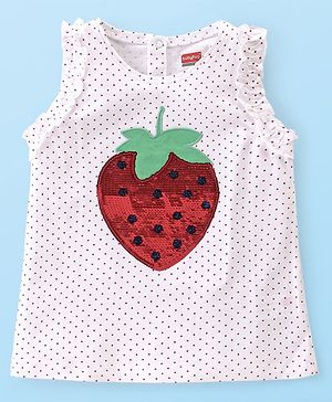 Babyhug 100% Cotton Knit Sleeveless Top With Frill, Polka Dot Print and Sequin detailing - White