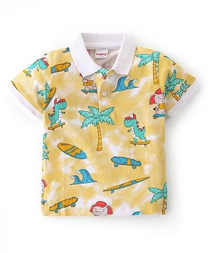 Babyhug 100% Cotton Knit Half Sleeves Polo T-Shirt With Beach Theme Print - Yellow