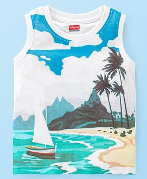Babyhug Cotton Sleeveless Tank T-shirt With Beach Scenery Graphics - Multicolor