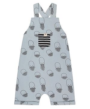 Turtledove London Cotton Knit Sleeveless Dungaree With Front Striped Pocket & Jelly Fish Print - Blue