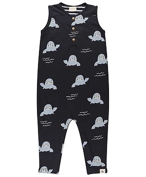 Turtledove London Cotton Knit Sleeveless Dungaree With Sea Lion Print - Black