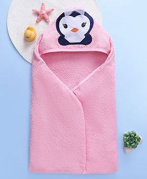 Babyhug Terry Woven Hooded Towel Penguin Print L 76 x B 76 cm- Pink