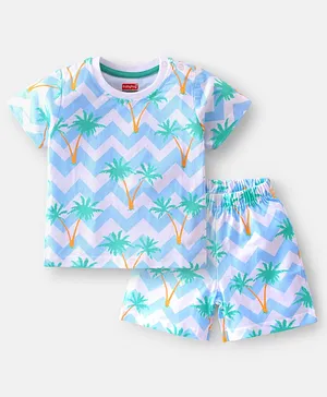 Babyhug Cotton Knit Half Sleeves Night Suit With Palms Tree Print - Blue & Green