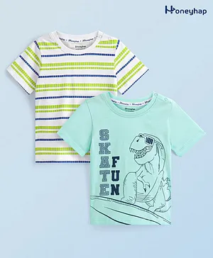Honeyhap Premium 100% Cotton Single Jersey Half Sleeves Striped T-Shirts with Bio Finish & Dino Print Pack of 2 - Bay Blue & Bright White