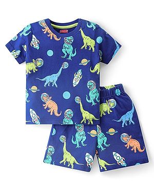 Babyhug Single Jersey Knit  Half Sleeves Nightsuit with Dino Print - Navy Blue