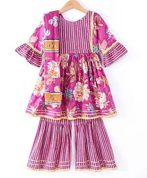 Teentaare Cotton Woven Three Fourth Sleeves Kurta & Salwar Set with Dupatta Floral Print - Pink