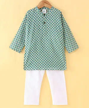Teentaare Cotton Woven Full Sleeves Printed Kurta Pyjama Set - Green