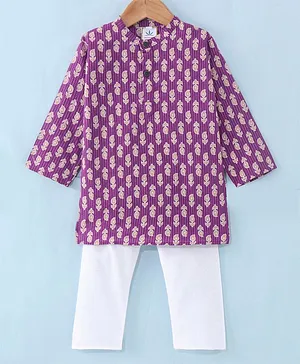 Teentaare Cotton Woven Full Sleeves Printed Kurta Pyjama Set - Purple