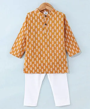 Teentaare Cotton Woven Full Sleeves Printed Kurta Pyjama Set - Mustard