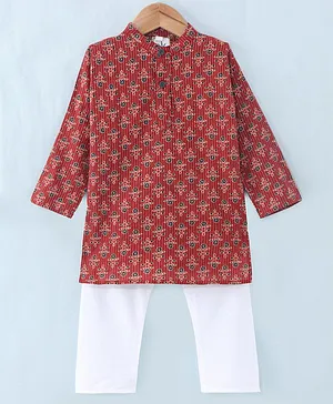 Teentaare Cotton Woven Full Sleeves Kurta Pyjama Set with Floral Print - Red