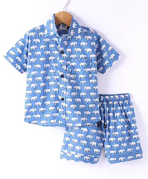 Teentaare Cotton Woven Half Sleeves Shirt & Shorts with Elephant Print - Blue