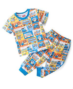 Babyhug Cotton Single Jersey Knit Half Sleeves Night Suit Jeep Print - Multicolour