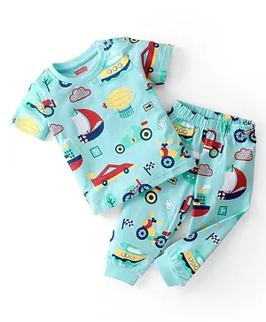 Babyhug Cotton Knit Single Jersey Half Sleeves Night Suit With Vehicles Print - Blue