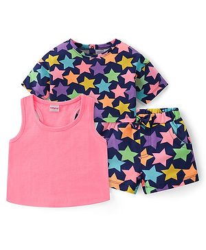 Babyhug Single Jersey Knit Sleeveless & Half Sleeves T-Shirts & Shorts Set Star Print - Pink & Navy Blue