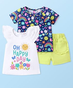 Babyhug Single Jersey Sleeveless & Half Sleeves Tops with Shorts Set Floral Print - Multicolor