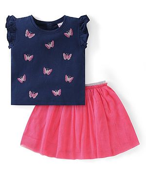 Babyhug Single Jersey Knit Frill Sleeves Top & Skirt with Butterfly Embroidery - Navy Blue & Pink