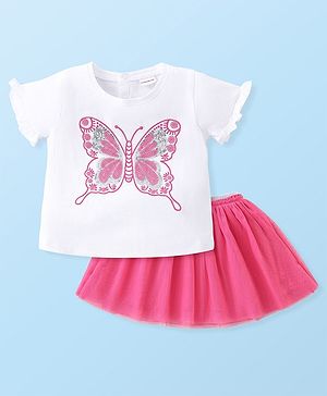 Babyhug 100% Cotton Knit Half Sleeves Top & Skirt Set Butterfly Embroidery - White & Pink