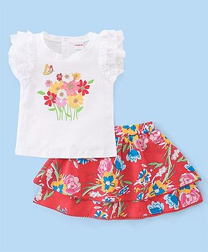 Babyhug 100% Cotton Knit Frill Sleeves Floral Print Top & Skirt Set - White & Red