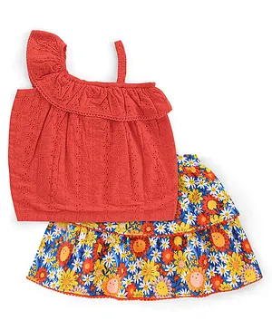 Babyhug 100% Cotton Knit Sleeveless Top & Skirt Set Floral Print- Multicolor