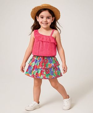 Babyhug 100% Cotton Knit Sleeveless Top & Skirt Set Floral Print- Multicolor