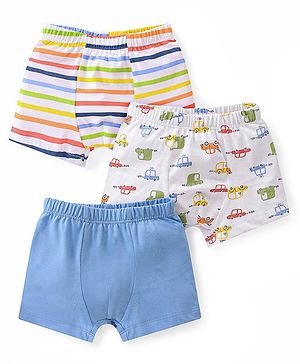 Babyhug 100% Cotton Knit Trunks Car Prints Pack of 3- White & Blue