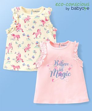 Babyoye Eco Conscious 100% Cotton With Eco Jiva Finish Sleeveless Tops Unicorn & Text Print Pack of 2 - Light Pink & Yellow