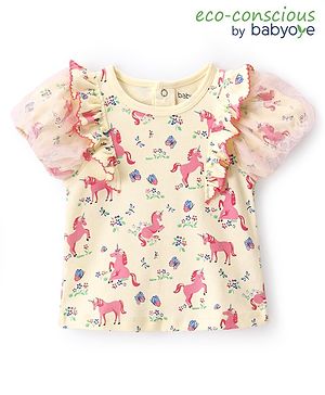 Babyoye Eco Conscious 100% Cotton with Eco Jiva Finish Half Sleeves Top with Unicorn Print - Pink & Yellow