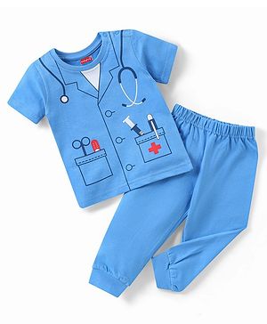 Babyhug Single Jersey Knit Half Sleeves Nightsuit Doctor Print - Blue