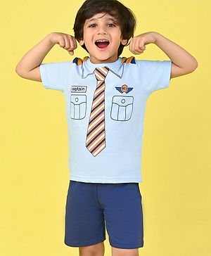 Babyhug Single Jersey Knit Half Sleeves Nightsuit with Air Force Print- Blue