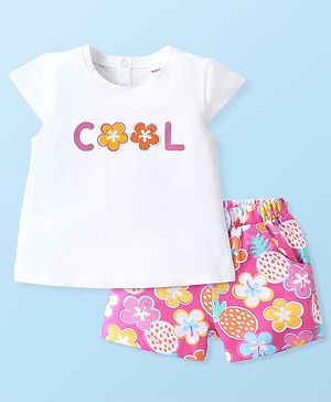 Babyhug 100% Cotton Knit Half Sleeves T-Shirt & Shorts Set Floral Print - White & Pink