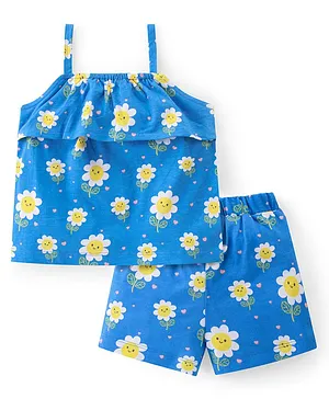 Babyhug Single Jersey Knit Sleeveless Top with Shorts Set Floral Print - Blue
