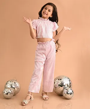 Lilpicks Couture Flutter Sleeves Shimmer Detailed Top With Coordinating Pant Set - Pink
