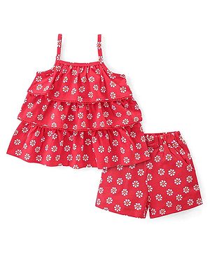 Babyhug 100% Cotton Knit Half Sleeve Top & Shorts Set with Floral Print - Red