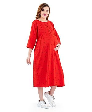 Lovely Mom's Three Fourth Sleeves Abstract Box Printed Dress With Concealed Zipper Nursing Access - Red