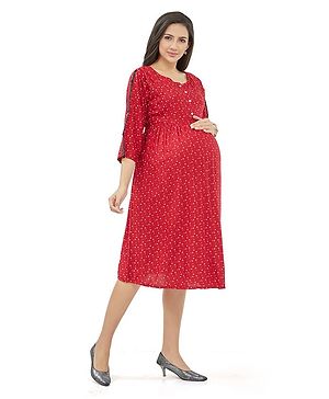 Lovely Mom's Three Fourth Sleeves Dandelions Printed Dress With Concealed Zipper Nursing Access - Red