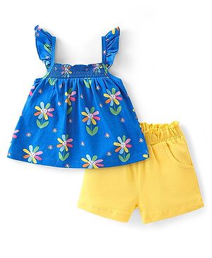 Babyhug 100% Cotton Knit Sleeveless Top & Shorts With Floral Print - Blue & Green