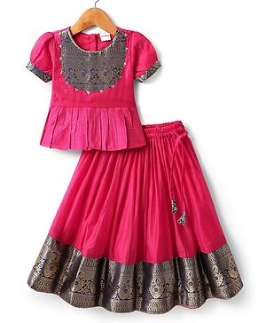Babyhug Woven Half Sleeves Pattu Pavada Lehenga Choli Set With Floral & Lace Detailing - Dark Pink