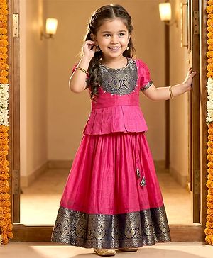 Babyhug Woven Half Sleeves Pattu Pavada Lehenga Choli Set With Floral & Lace Detailing - Dark Pink