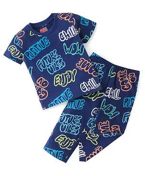 Babyhug Cotton Knit Half Sleeves Night Suit Text Print - Navy Blue