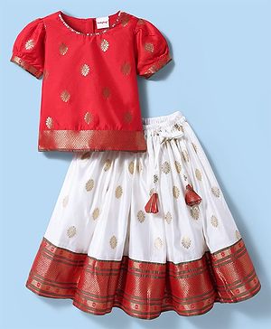 Babyhug Woven Half Sleeves Pattu Pavada Lehenga Choli Set With Floral & Lace Detailing - Red & White