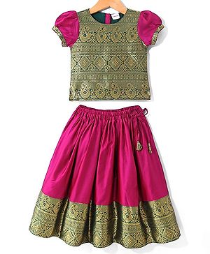 Babyhug  Short Sleeve Pattu Pavada Choli Lehenga  Set with Gold Foil Print - Fuschia