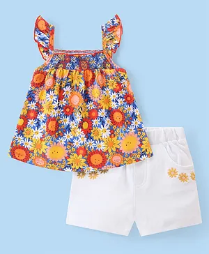 Babyhug Single Jersey Knit Frill Sleeves Top with Shorts Set Floral Print - Multicolor & White