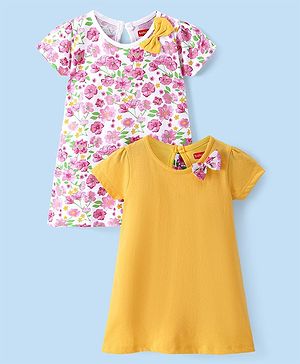 Babyhug Single Jersey Knit Half Sleeves Frock With Floral Print Pack of 2 - Yellow White & Pink