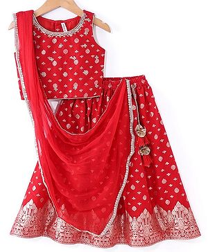 Babyhug Woven Sleeveles Brocade Choli with Lehenga and Dupatta Set -Red