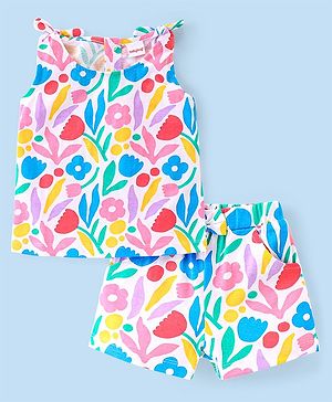 Babyhug 100% Cotton Knit Sleeveless Top & Shorts Set with Floral Print - Multicolor