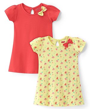 Babyhug 100% Cotton Half Sleeves Frock Floral Print with Bow Applique Pack of 2 - Red & Yellow